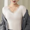 Женские базовые топы с V-образным вырезом и кружевной отделкой, с длинным рукавом, приталенные, термотопы, однотонные, с подкладкой, зимняя рубашка