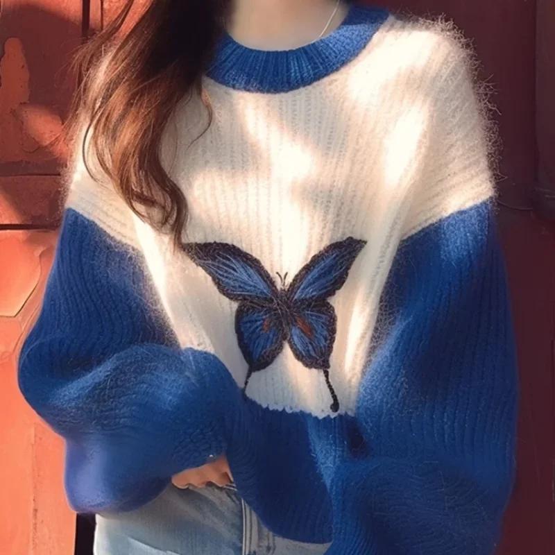 Женский контрастный синий свитер с длинными рукавами и круглым вырезом, вязаный свитер, свободный женский зимний топ с принтом бабочек