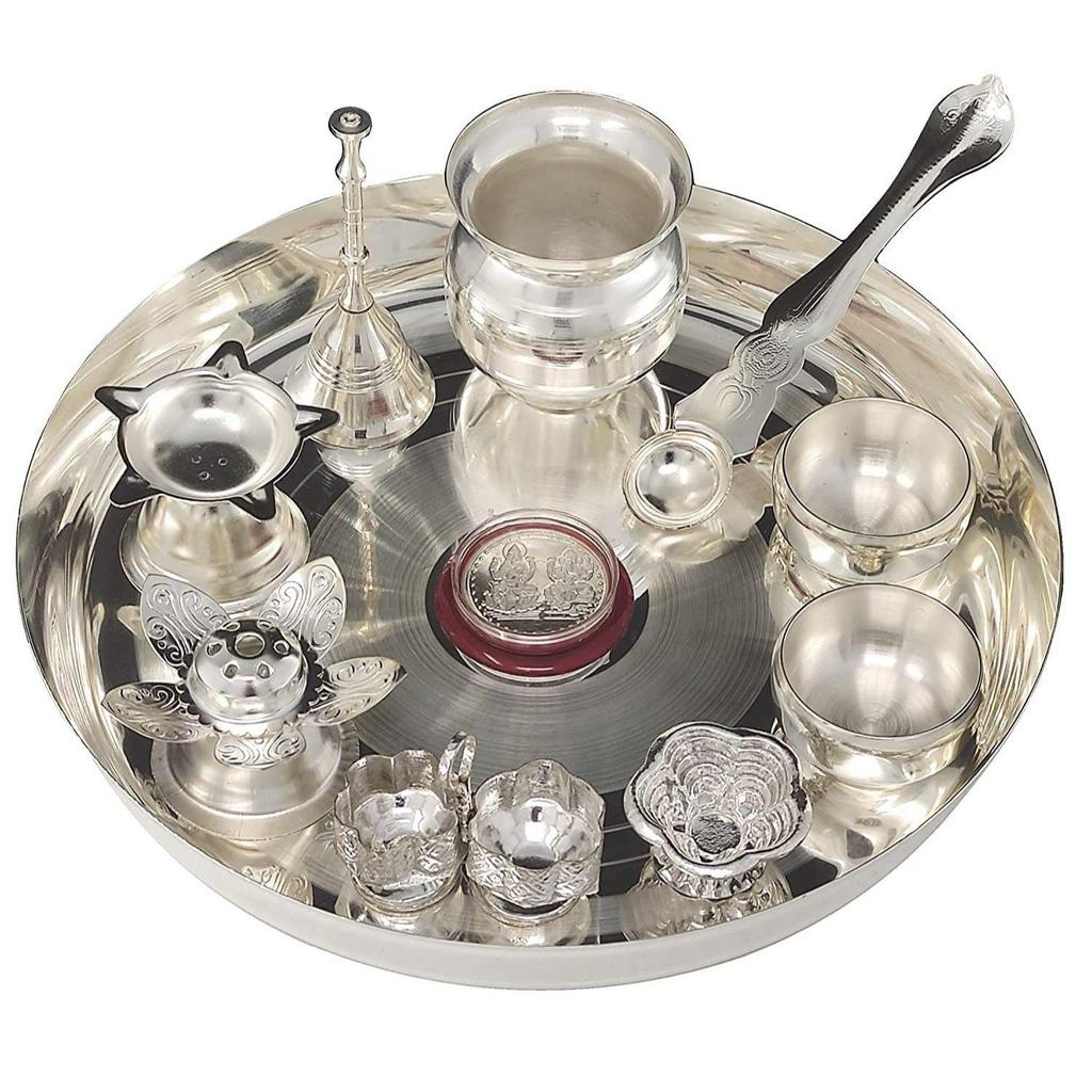Silver Plated Pooja Thali Set with 8 Inch Plate Kalash Bowl Agarbatti Stand Palli Diya Kumkum Stand Coin Ghanti