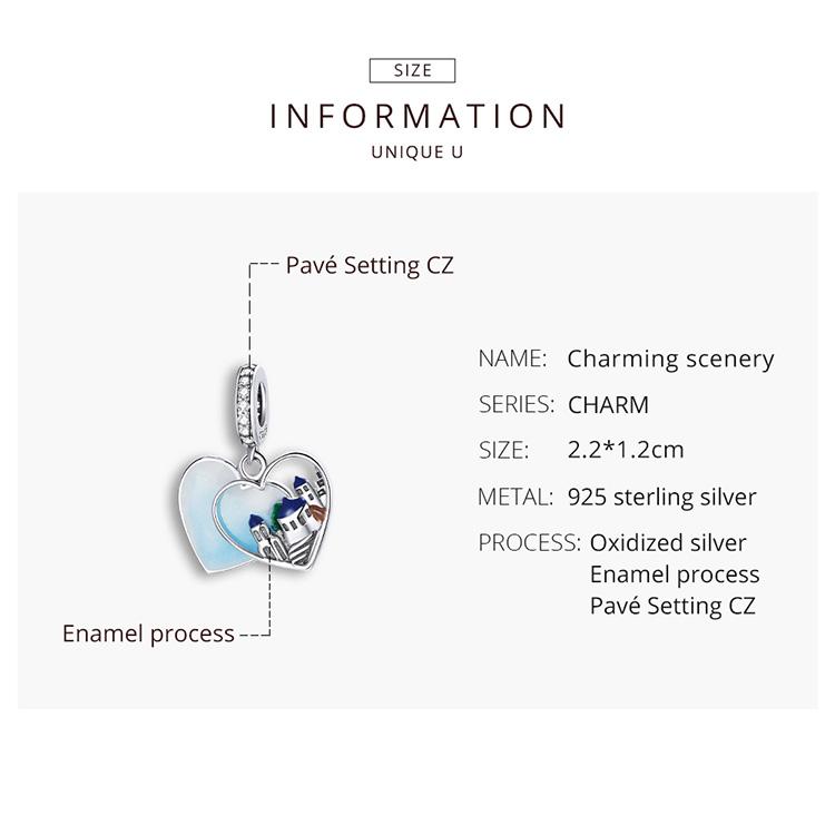 WOSTU 925 Sterling Silver Love Heart-shape Charm Pendant Santorini Castle Charming Scenery Beads for Original 3mm Bracelets & Necklaces DIY Jewelry