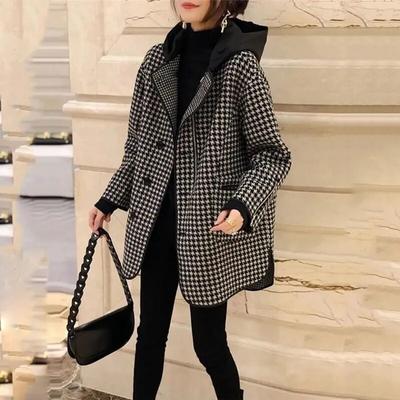 Модная клетчатая куртка с узором «гусиные лапки» средней длины, женское тонкое шерстяное пальто, весна-осень, новая свободная повседневная верхняя одежда с капюшоном, женская