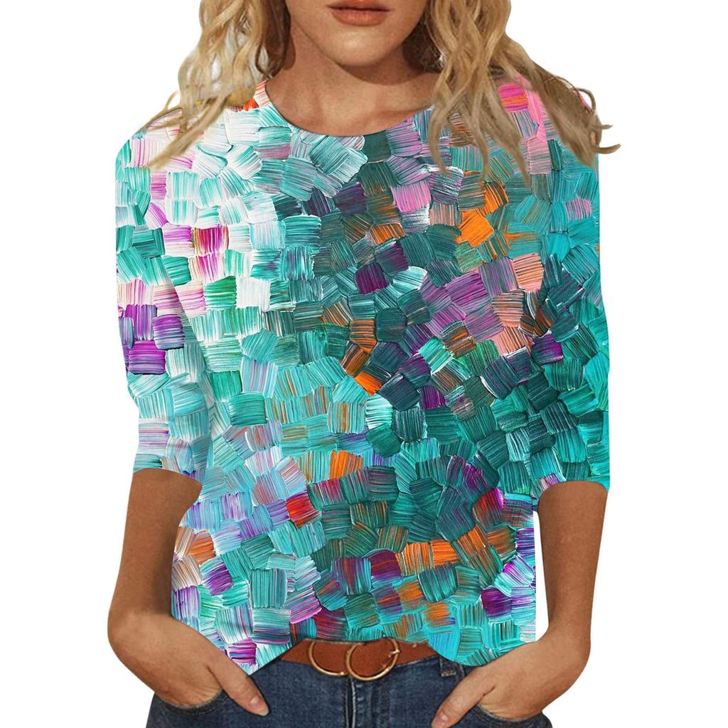Рубашки с рукавом 3/4 для женщин, милые футболки с графическим принтом, блузки, повседневные базовые топы больших размеров, пуловеры