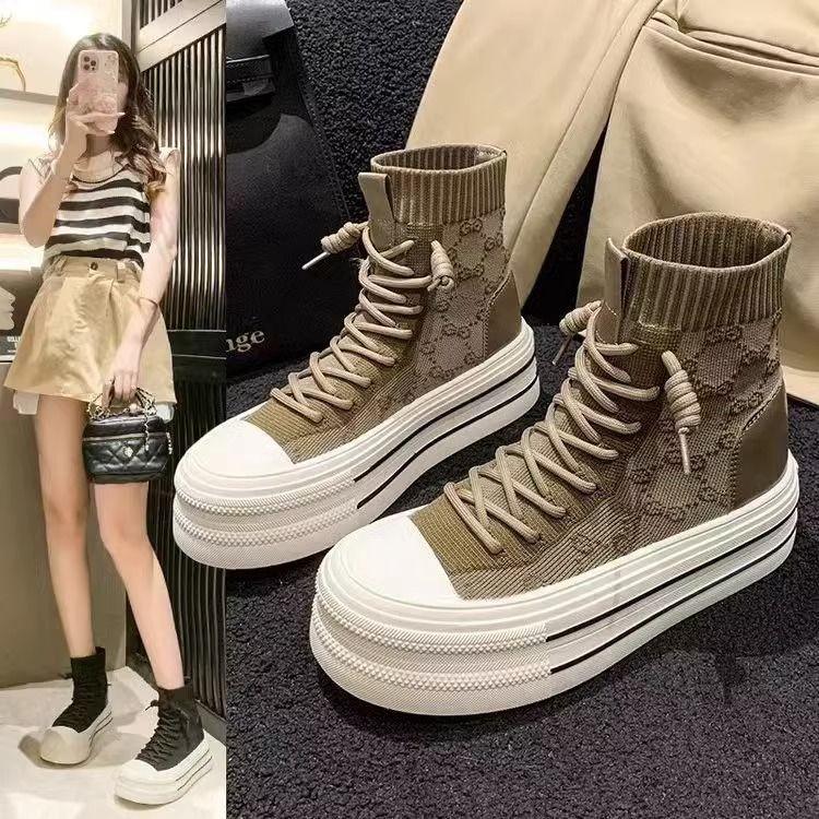 High-Top Sock-like Shoes Women's Autumn New Elastic Flyknit Socks Shoes Dissolved Platform Knitted Ankle Boots