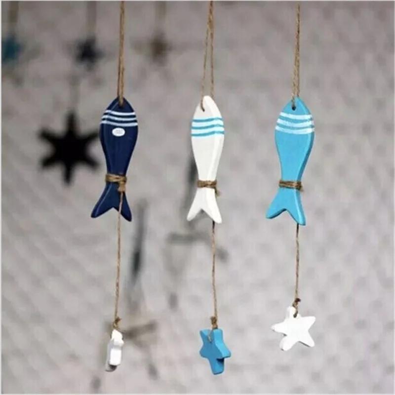 1PCS Marine Style DIY Home Decorative Wooden Small Fish Seahorse String Wall Hangings Starfish Dolphin Pendant Random Color