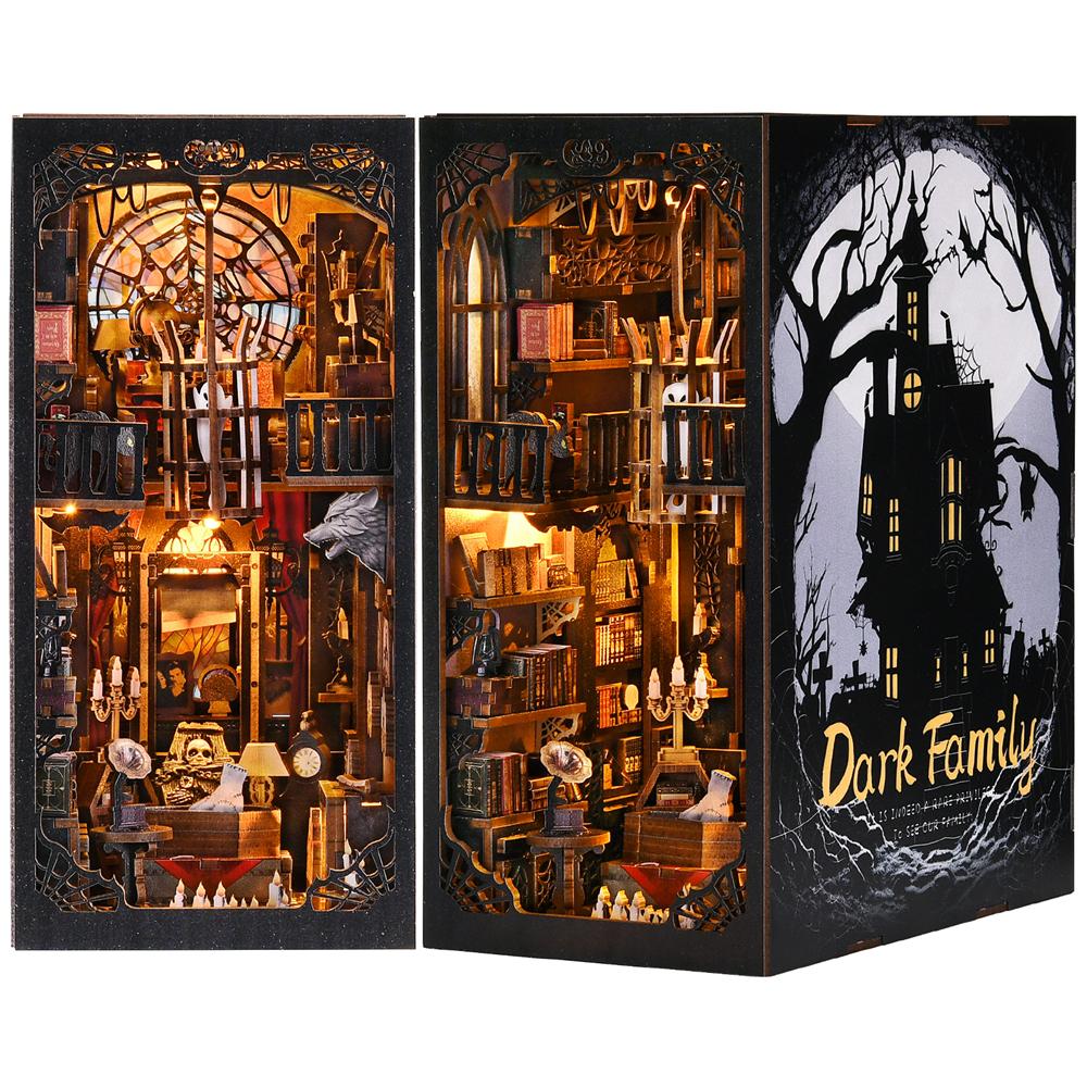 Book Nook Kit Dark Family DIY Wooden Puzzle Gothic Style Halloween Bookshelf Dollhouse Model Bookend Building Home Decoration