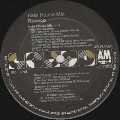 12-дюймовая пластинка ROCOCO - Italo House Mix SP23062 A&M Records 1989 Канада Танцевальная и Электронная Б/У
