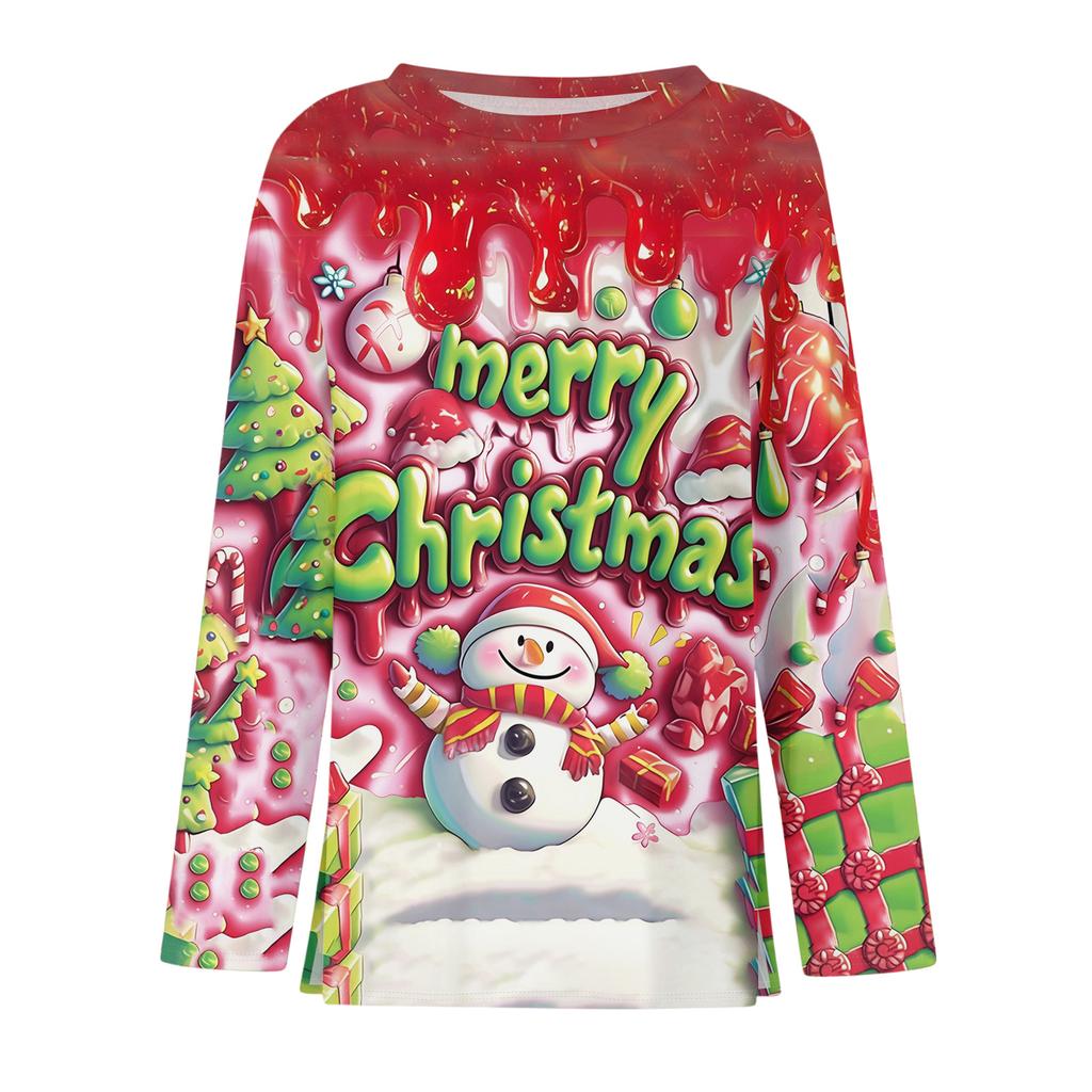 Women's Fashion Casual Slit Hem Round Neck Long Sleeve Loose Printed T-Shirt Ladies Top