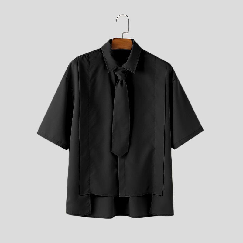 INCERUN Летние мужские рубашки с завязками на лацканах с коротким рукавом и пуговицами, повседневные рубашки с высоким и низким вырезом