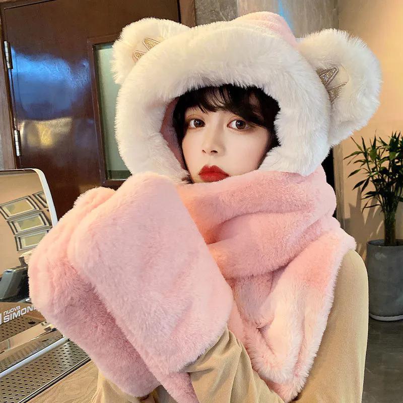 WTEMPO Solid Color Furry Plush Cute Ear Decor Gloves Scarf Hats Cold-proof Windproof Warm Autumn Winter Casual Verstaile Hats
