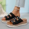 2025 Summer New Foreign Trade Muffin Thick-soled Double-buckle Rhinestone Cork Beach One-word Slippers Large-size Women's Shoes