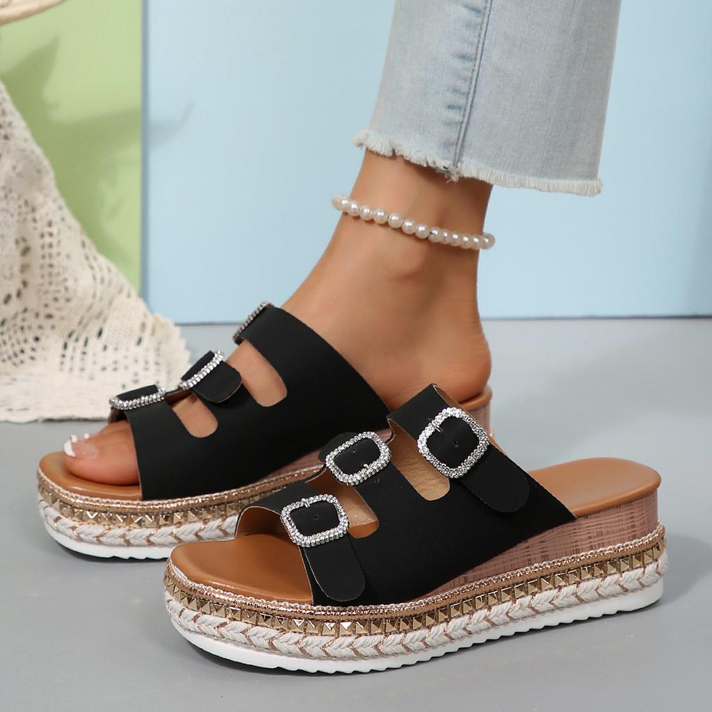 2025 Summer New Foreign Trade Muffin Thick-soled Double-buckle Rhinestone Cork Beach One-word Slippers Large-size Women's Shoes