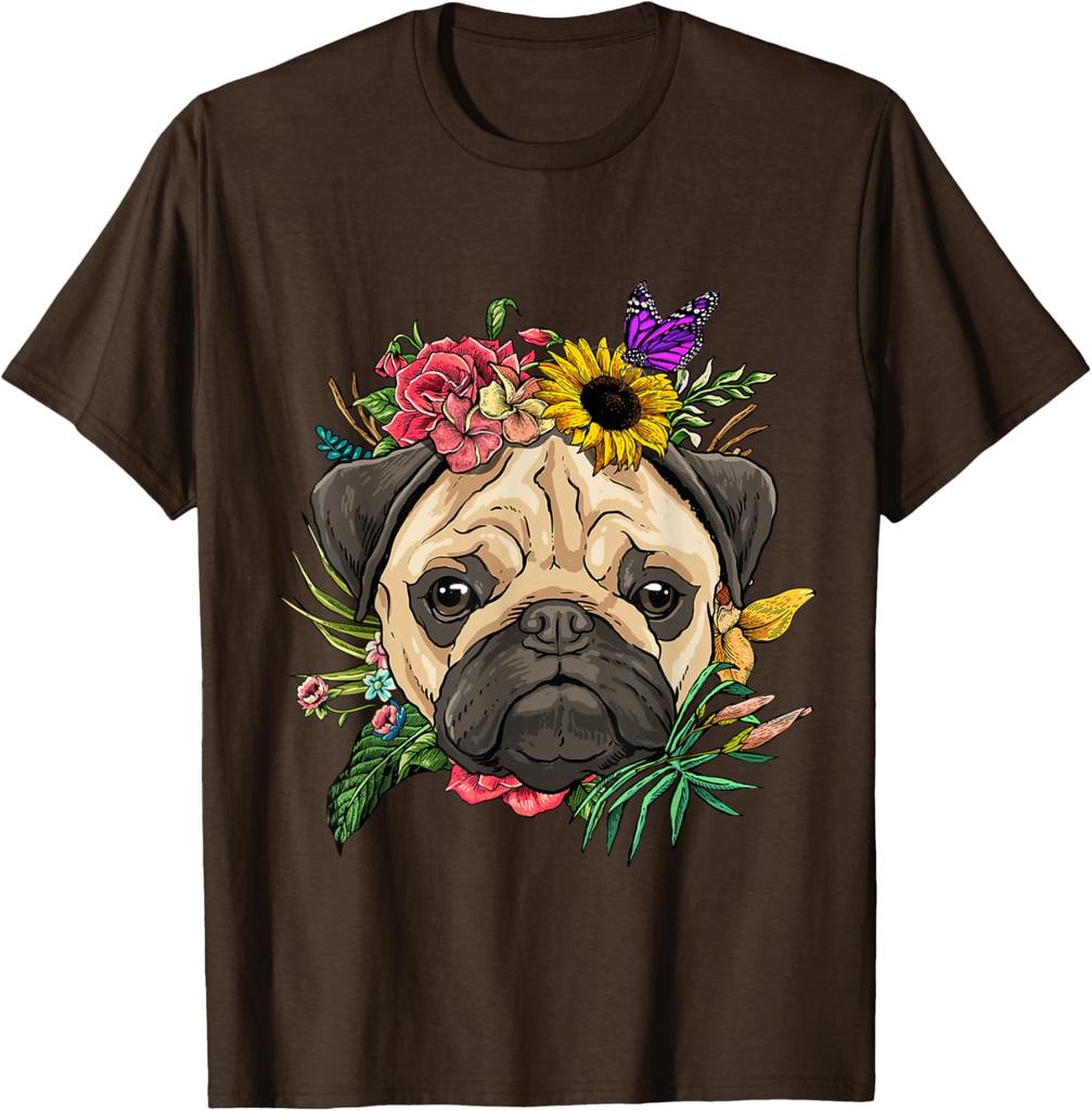Pug Face Flower Crown Butterfly Graphic Tee Soft Cotton Casual Trip T-Shirt