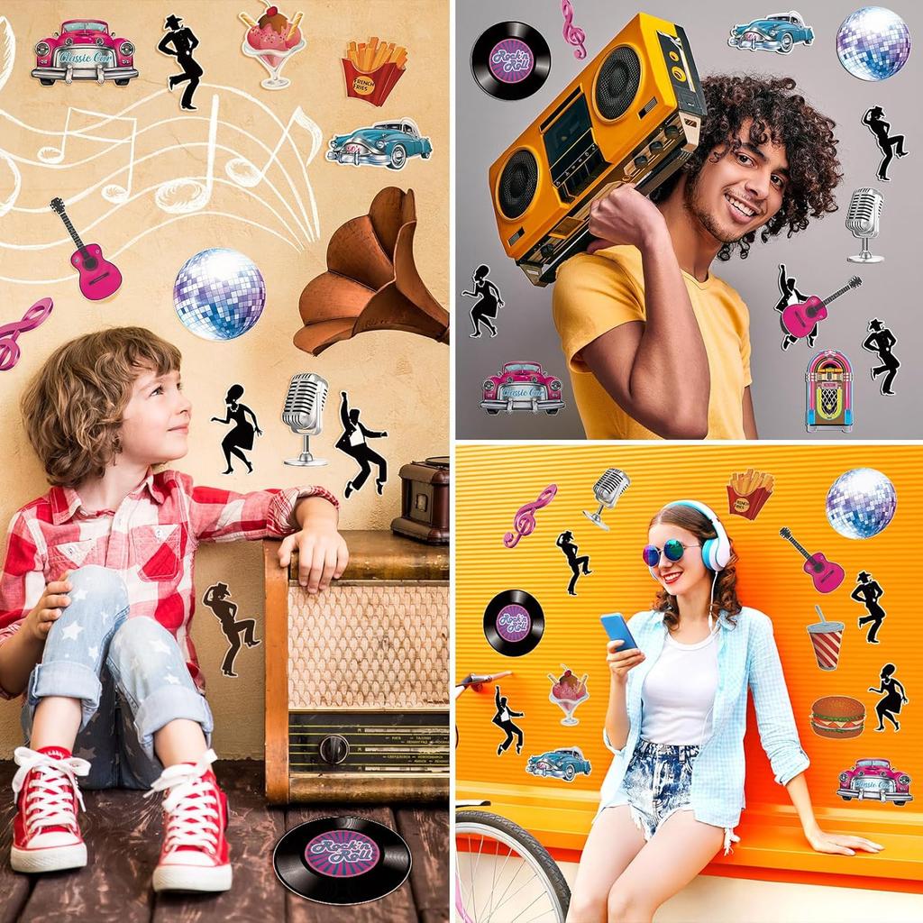 Eaasty 48 шт. Декорации для вечеринки в стиле рок-н-ролл Ретро-декор для вечеринки 50-х годов Вырезки с музыкальными пластинками 1950-х Декор для sock hop Фон в стиле «Бриолин»