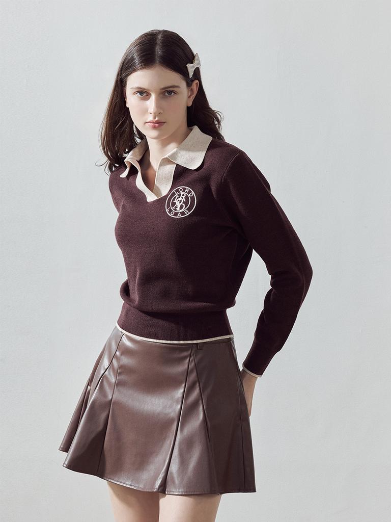 LORDLOAR Signature Color-Block Collar Long Sleeve Knit Brown