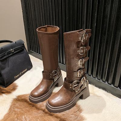 Ботинки на платформе Combat Boots Zip Chuny Heel Buckle Vintage Fashion Casual Luxury Designer Western Mid Calf Boots Shoes Woman