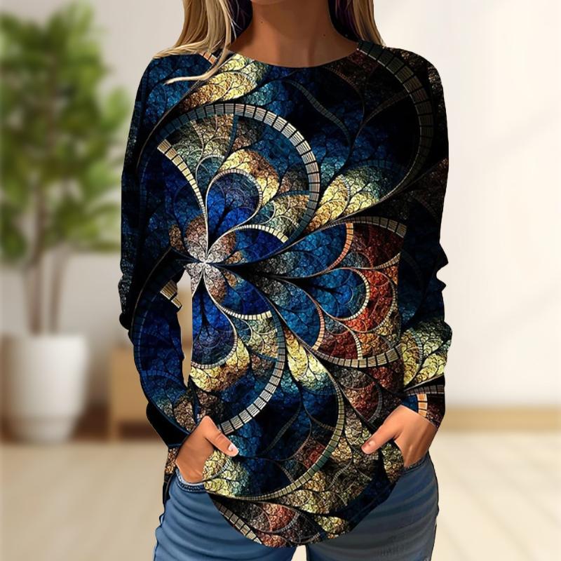 Топы для женщин с принтом кленовых листьев, круглый вырез, длинный рукав, футболка, осенний повседневный тонкий пуловер, женский топ с длинным рукавом