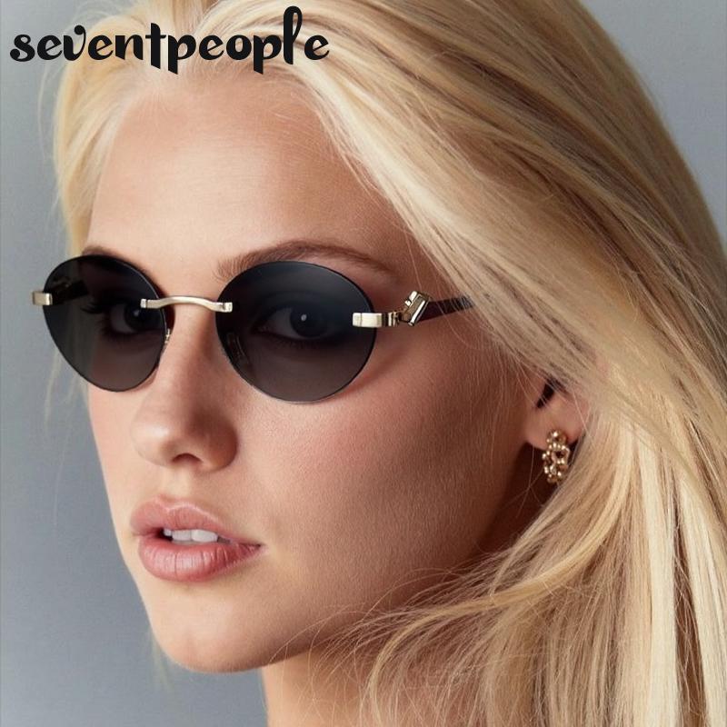 Small Frame Oval Rimless Sunglasses Women Luxury Brand Vintage Frameless Punk Sun Glasses For Ladies Trendy Outdoor Shades