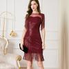 High-waisted Slim-fitting Sequined Tassel Dress Round-neck Mesh Evening Dress
