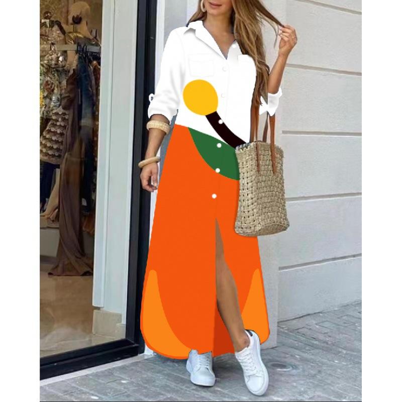 Women's Printed Maxi Shirt Dress Long Sleeve Turn Down Collar Loose Casual Dress
