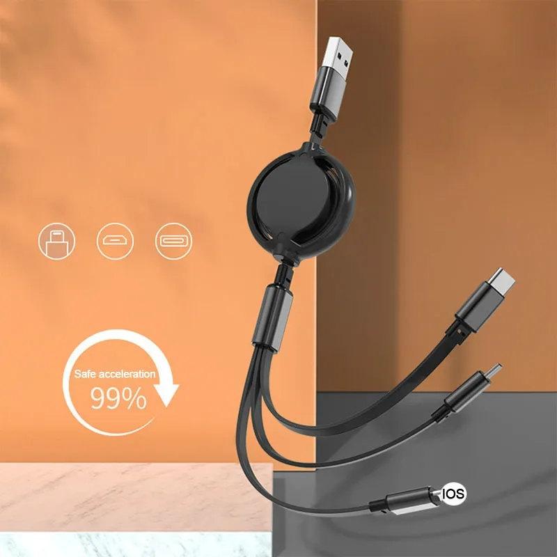 3 In 1 Retractable Data USB Cable for IPhone Charger Fast Wire Charging Cable for Android Phone Type C Xiaomi Huawei Samsung