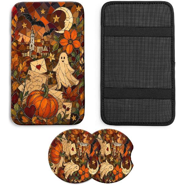 Wildflowers Car Armrest Cover with 2 Coasters | 3-piece 5 mm neoprene set with one 12.6 x 7.5 in console cushion and two 2.75 in matching cup holder