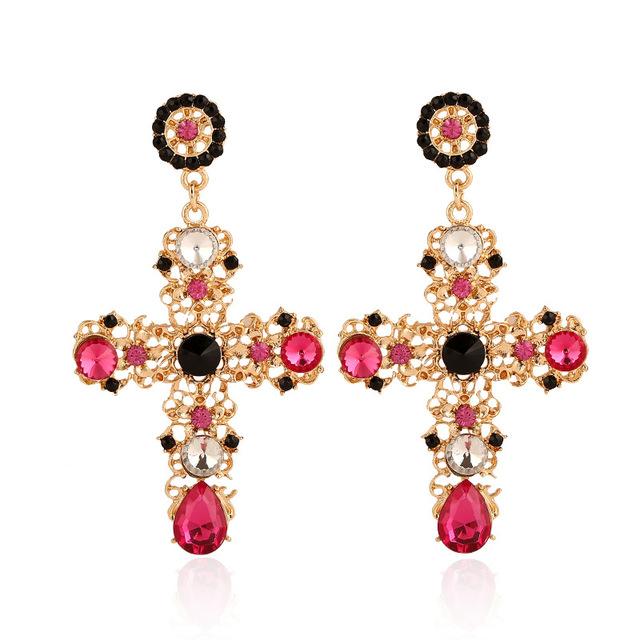 New Arrival Vintage Black Pink Crystal Cross Drop Earrings for Women Baroque Bohemian Large Long Earrings Jewelry Brincos 2020