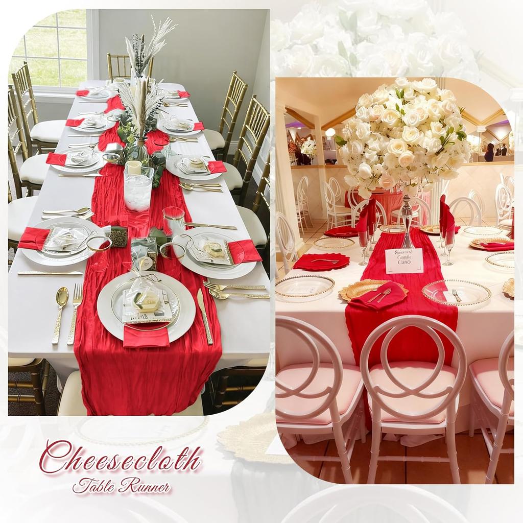 3 Pack Red Cheesecloth Table Runner, 17 x 108 inch, Semi Sheer Boho Cheese Cloth Fabric Table Runner Bulk for Wedding, Birthday, Party, Holiday, Home