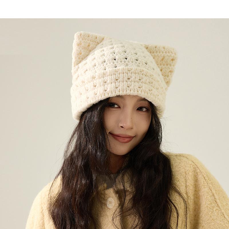 Шерстяная шапка с кошачьими ушками Осень Зима Большая голова Теплая Защита ушей Вязаная шапка