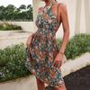 Women Summer Halter Neck Pleated Sleeveless Necklace Floral High Waist Dress