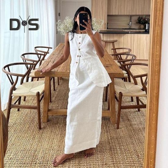 Женский повседневный костюм с квадратным воротником, без рукавов, жилет с длинной юбкой, летний одинаковый комплект для вечеринки, офиса, повседневной одежды