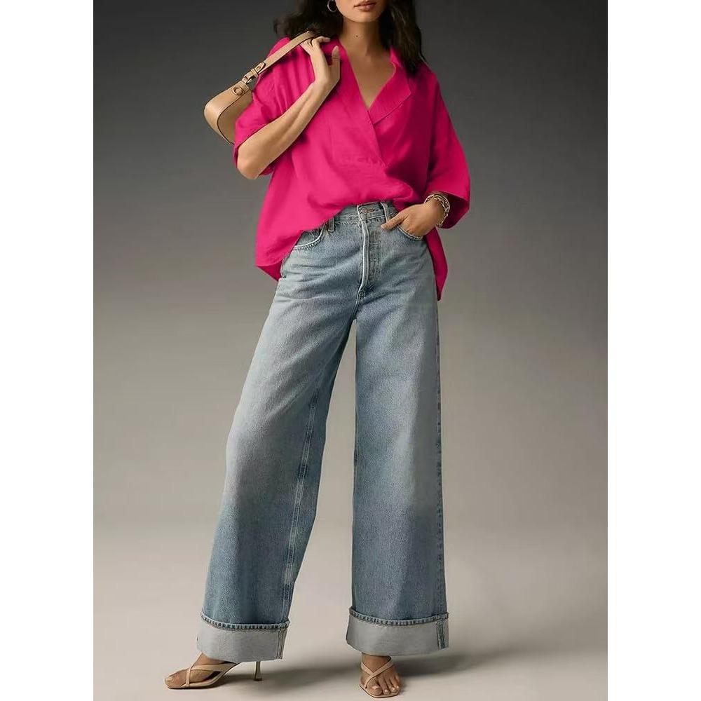 Summer Short Sleeved Lapel Casual Loose Top Solid Color Women's Blouses & Shirts