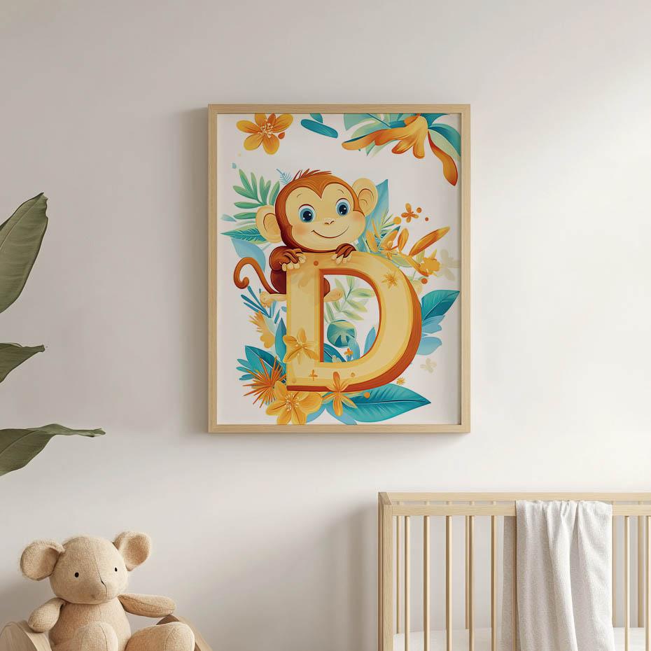 Plakat Uśmiechnięta Małpka Z Literką "D Plakat Uśmiechnięta Małpka Z Literką "D, 30X40 Cm, Rama Drewniana Ciemny Brąz, Papier Matowy 230 Gsm