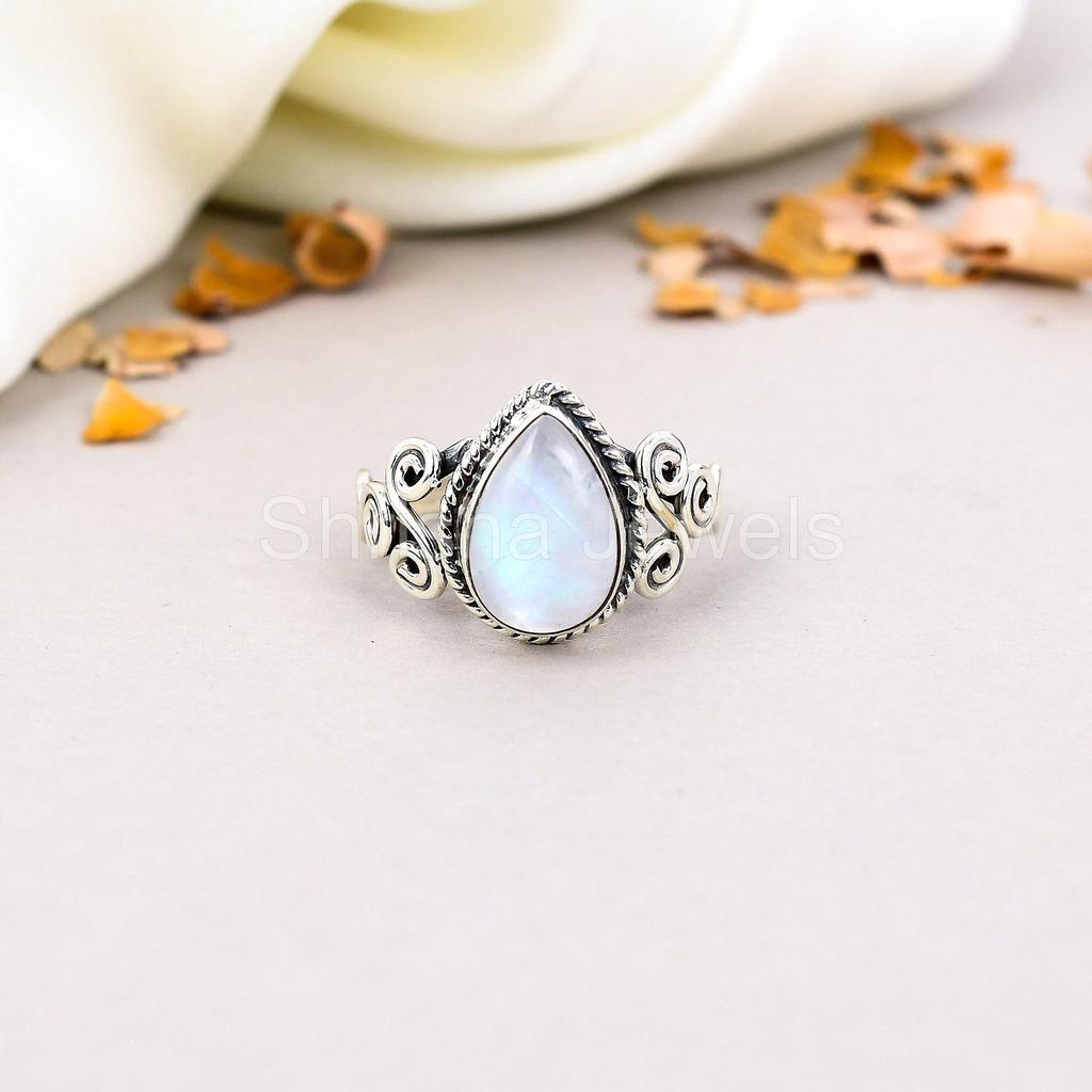 925 Sterling Silver Rainbow Moonstone Pear Shape Gemstone Ring For Women