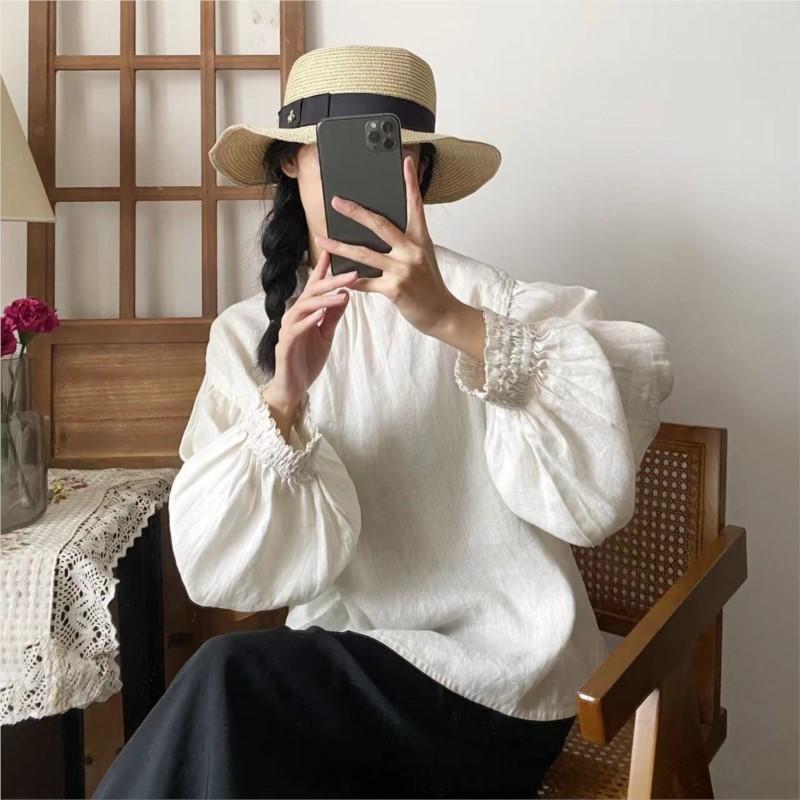 Johnature Simple Women Tops Shirts Spring Summer Casual Vintage Solid Color Loose Button Pleated Women Blouses