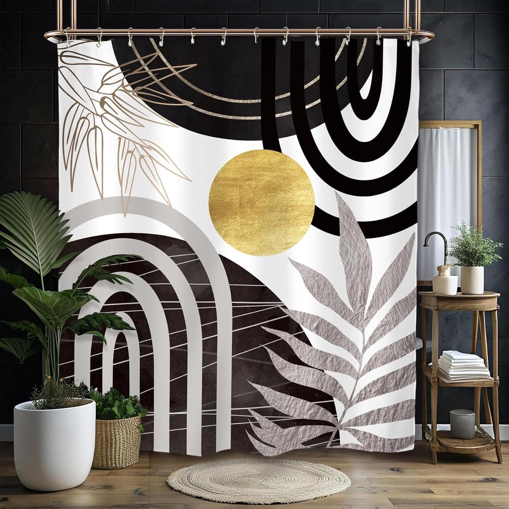 Abstract Leaves Shower Curtain Set Emerald Green Modern Tropical Mid Century Simple Minimalist Chic Polyester Waterproof Cloth