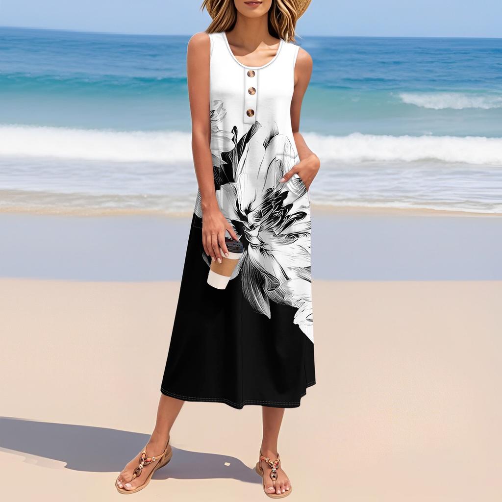 Женское летнее платье с цветочным принтом без рукавов на пуговицах, повседневный свободный длинный пляжный сарафан