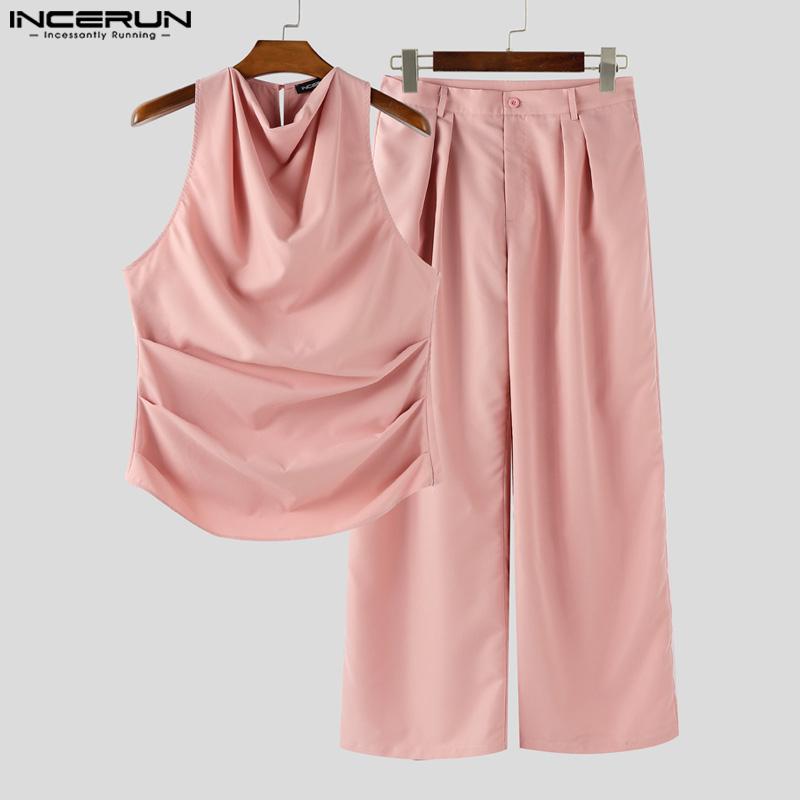 INCERUN Two Pieces Sets Men Swing Collar Sleeveless Ruffled Tanks Long Pants Outfits