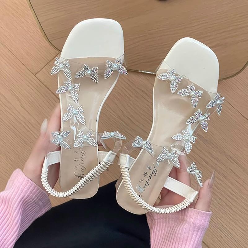 Fashion Butterfly Mary Jane Shoes Spring and Summer New Waterproof Table Transparent Crystal High Heel Thick Heel Flower Roman Women's Sandals