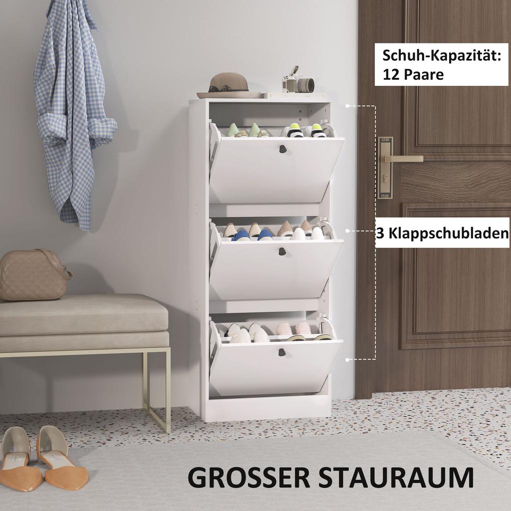 Shoe Cabinet, 3 Drop-Down Compartments, Adjustable Shelves, Chipboard, White