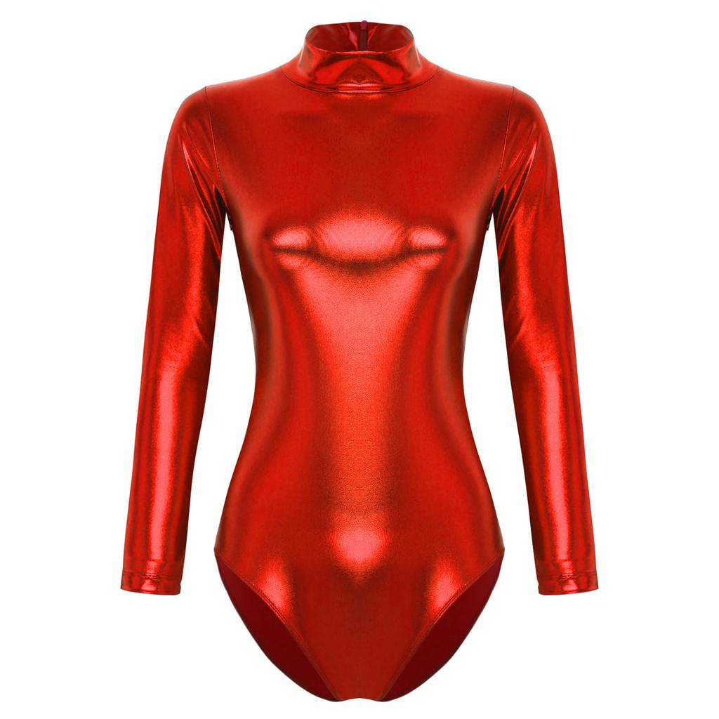 Женский блестящий спортивный купальник металлик, боди с длинным рукавом, облегающие узкие колготки, цельный комбинезон Rave Disco Party Performance