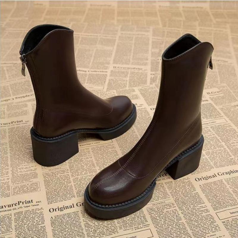Женские сапоги осень и зима 2024 Новые короткие сапоги на высоком каблуке Женская весенняя и осенняя обувь для женщин Квадратный каблук до середины икры