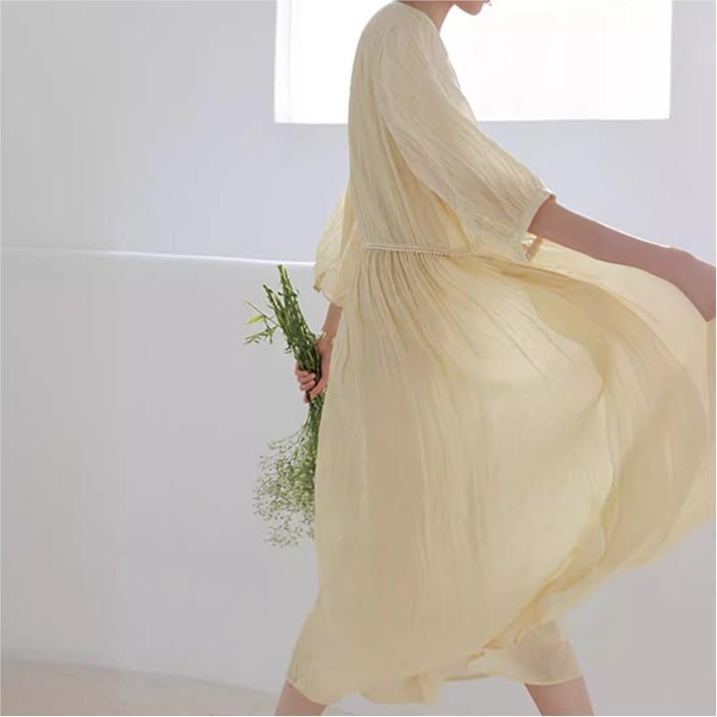 Johnature Винтажное платье с круглым вырезом и длиной три четверти, свободное платье А-силуэта, женское, осеннее, однотонное, с круглым вырезом и рукавами-фонариками