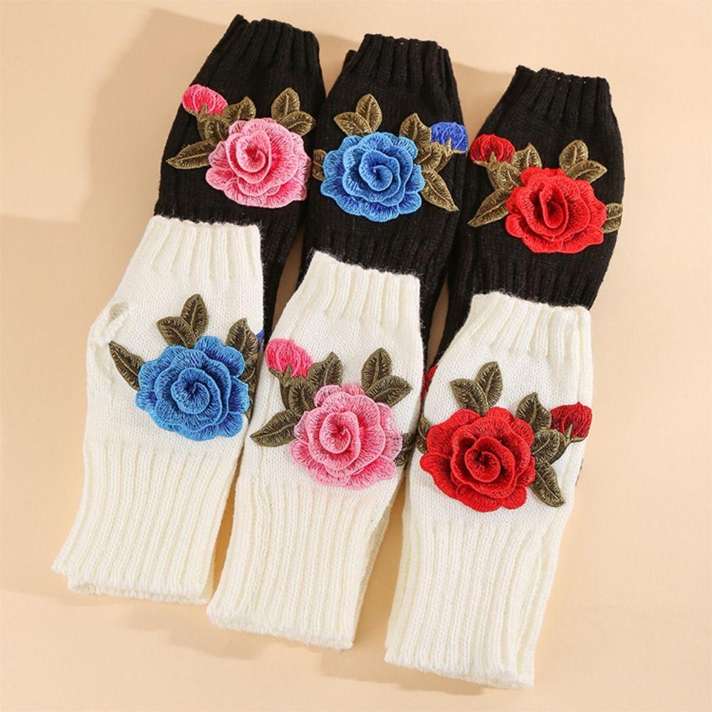 Floral Embroidery Knitted Gloves Vintage Fingerless Gloves All-Match Winter Wool Gloves Outdoor
