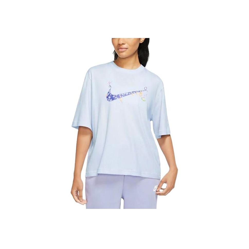 Nike Футболка с круглым вырезом и логотипом, модная, спортивная, удобная, дышащая, с коротким рукавом, спущенным плечом, женская, светло-фиолетовая FD9315-085