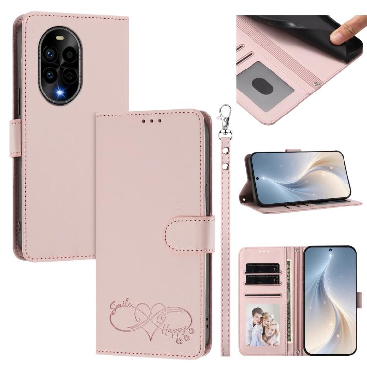 Happy Heart Pattern Magnetic Closure Vegan Leather Phone Case with Wrist Strap For Huawei Mate 60