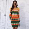 Women's Autumn and Winter Rainbow Pattern Woven Patchwork Stripe Pullover Sweater Dress