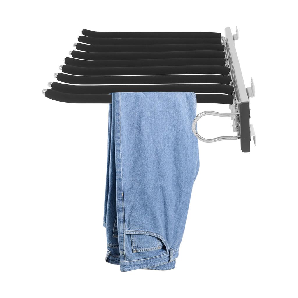9-Rod Pull-Out Pants Rack – Heavy Duty Slide-Out Trouser Organizer with Silent Rails & Anti-Slip Flocking – Black/Silver