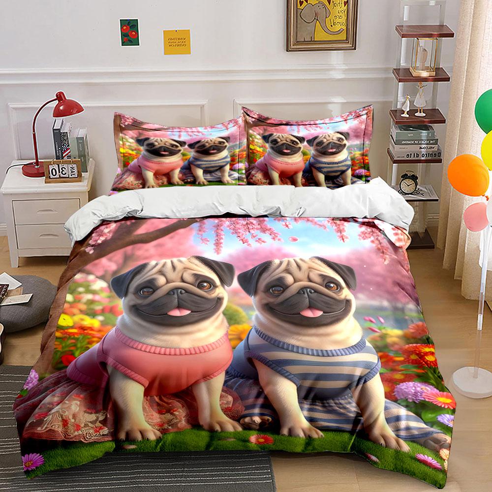"Charming pugs in bloom." Bedding sets Duvet covers Pillowcases(1* Duvet Cover 2* Pillowcases without duvet insert)