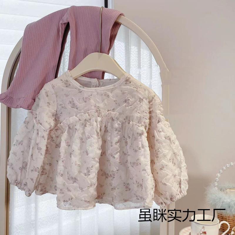Корейская детская одежда костюм для девочки, в иностранном стиле, осенняя одежда для девочки-младенца, блузка с цветочным принтом и рукавами-фонариками + кружевные брюки, комплект из двух предметов