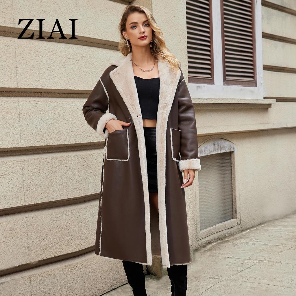 ziai 2024 Winter Faux Leather Jacket Women Long Warm Plush Fur Collar Padded Coat Fashion Pocket Cotton Female PU Parkas K18